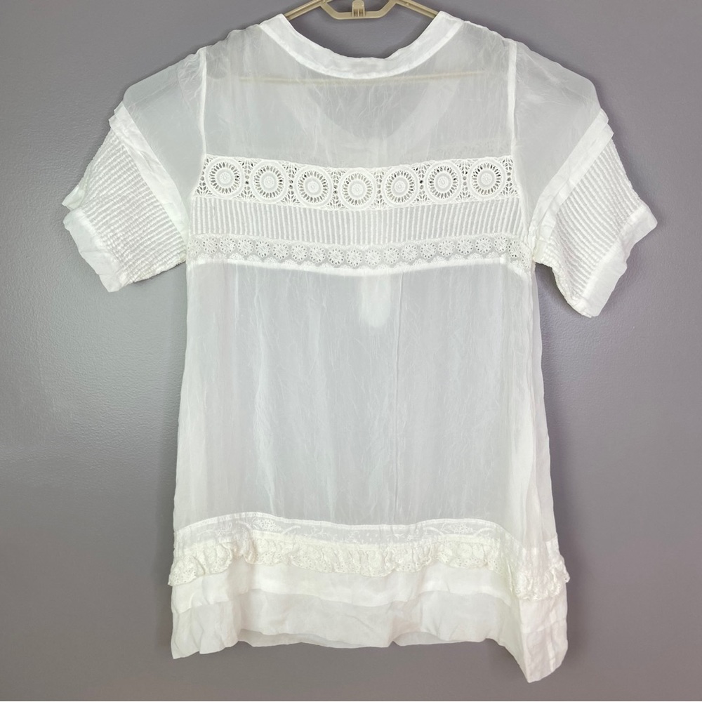 Johnny Was White Blouse Semi-Sheer Crochet Lace Short Sleeves Buttons Size Large - Picture 2 of 14